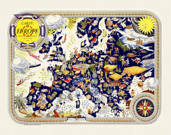 Carte d'Europe. Editions Jacque-Petit, Angers, France,1946,  ,une carte sur toile de coton épais, 56x70cm environ