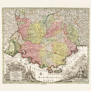 Provence: Seutter, No. 9. Provincia Gallis la Provence, 1740, une carte sur toile de coton épaisse, environ 56x70cm
