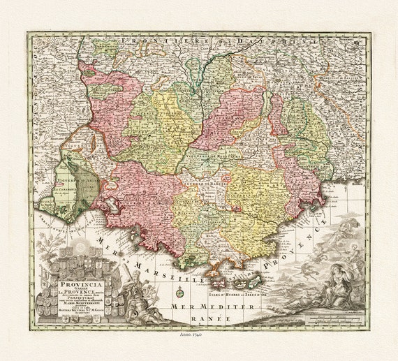 Provence: Seutter, No. 9. Provincia Gallis la Provence, 1740, une carte sur toile de coton épaisse, environ 56x70cm