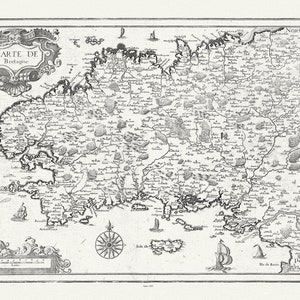 Bretagne: Mariette, Carte de Bretagne, 1653, sur toile de coton épaisse, environ 56x70cm