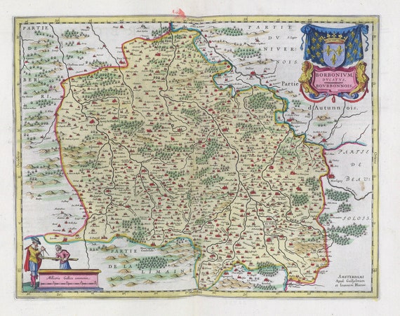 Borbonivm Dvcatvs, 1665, Blaeu auth. , une carte sur toile de coton épaisse, environ 56x70cm