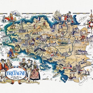 Bretagne , Jacques Lizou, 1951  , une carte sur toile de coton épaisse, environ 56x70cm