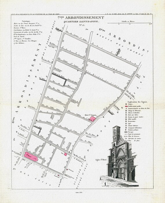 Perrot, Paris 7 Me. Arrondissement  Quartier Sainte-Avoye. No. 25, 1834, une carte sur toile de coton épaisse, environ 56x70cm