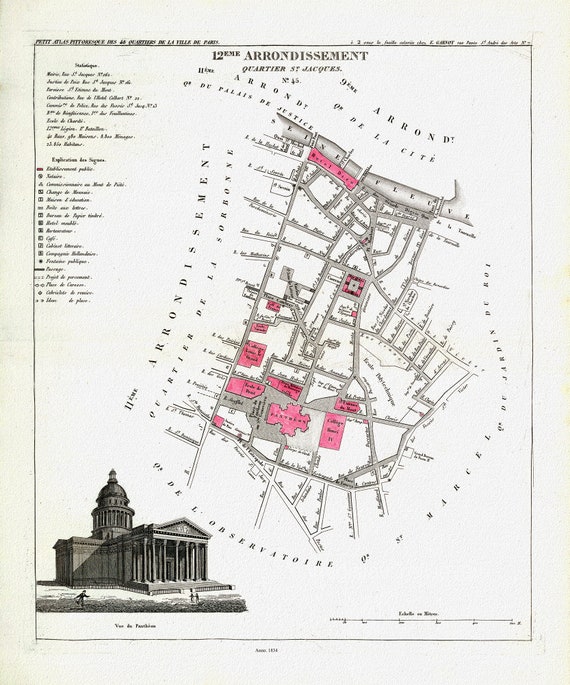 Perrot, Paris 12 Eme. Arrondissement  Quartier St. Jacques. No. 45, 1834, une carte sur toile de coton épaisse, environ 56x70cm