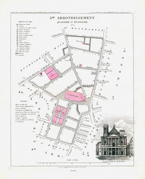 Perrot, Paris 3 Me. Arrondissement  Quartier St. Eustache. No. 11, 1834 , une carte sur toile de coton épaisse, environ 56x70cm