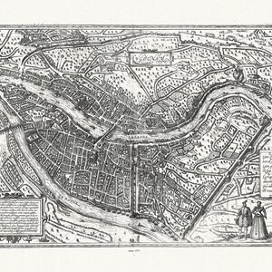 Lyonnais: Braun et Hogenberg, Lugdunum( Lyon), 1575 , carte sur toile de coton épaisse, environ 56x70cm