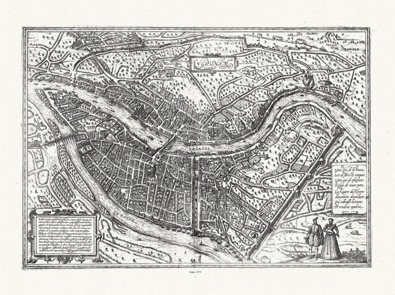 Lyonnais: Braun et Hogenberg, Lugdunum( Lyon), 1575 , carte sur toile de coton épaisse, environ 56x70cm