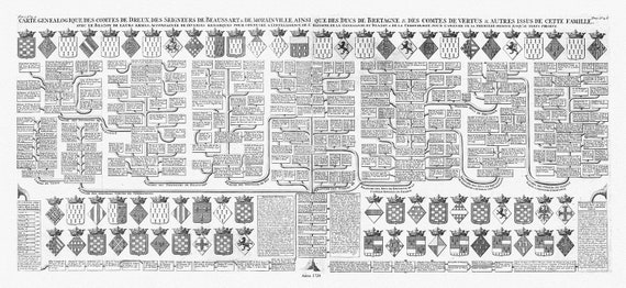 Henri Chatelain, Tome VII. No. 13a-13b. Carte genealogique des comtes de Dreux, 1720, sur toile de coton épaisse, environ 56x70cm