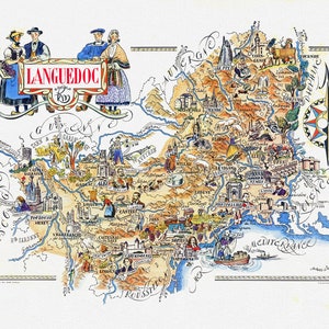 Languedoc, Jacques Liozu, 1951, une carte sur toile de coton épaisse, environ 56x70cm