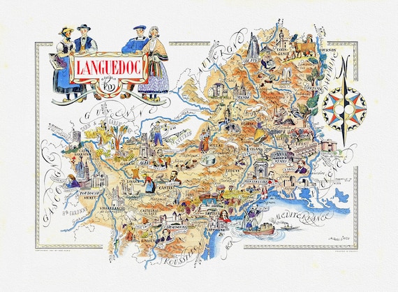 Languedoc, Jacques Liozu, 1951, une carte sur toile de coton épaisse, environ 56x70cm