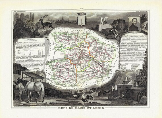 Loire: Levasseur, Dept. De Maine et Loire, 1856 , une carte sur toile de coton épaisse, environ 56x70cm