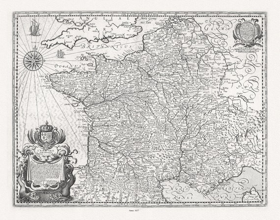 Mariette, L'Empire Francois, 1637, une carte sur toile de coton épais, 56x70cm environ