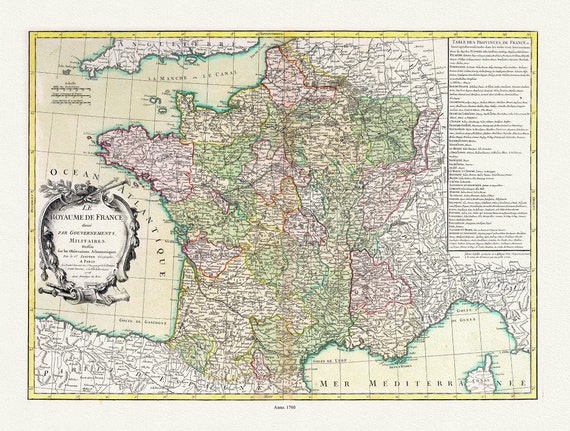 Lattre, Le Royaume De France, 1760, une carte sur toile de coton épaisse, environ 56x70cm