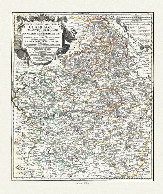 Le Gouvernement general de Champagne presenté à Sa Majesté divise en quatre Lieutenances grles, 1689, Nolin auth.50 x 70 cm  approx.