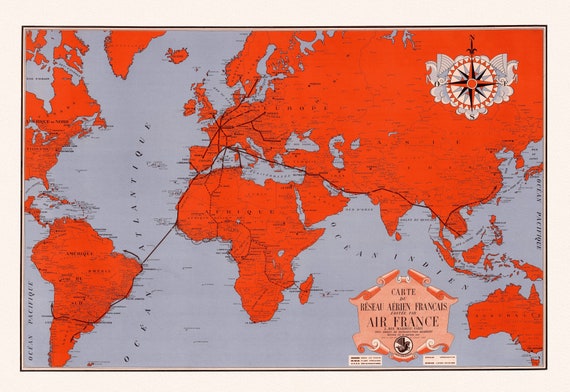 Carte du Reseau Aerien Francais, 1937 Ver. 1 , une carte sur toile de coton épaisse, environ 56x70cm