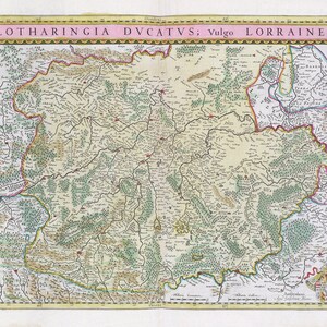 Lorraine, Lotharingia Dvcatvs Vulgo Lorraine, 1665, Bleaue auth. , une carte sur toile de coton épaisse, environ 56x70cm