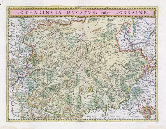 Lorraine, Lotharingia Dvcatvs Vulgo Lorraine, 1665, Bleaue auth. , une carte sur toile de coton épaisse, environ 56x70cm