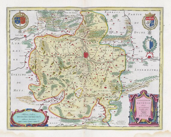 Lorraine, Territorivm Metense, 1665, Bleaue auth. , une carte sur toile de coton épaisse, environ 56x70cm