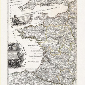 Rossi, Le coste della Francia sul Mare oceano, 1692 ,une carte sur toile de coton épais, 56x70cm environ