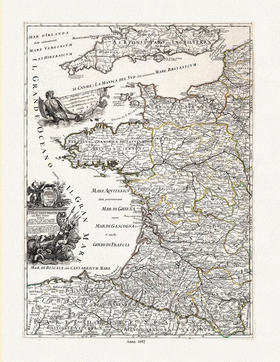 Rossi, Le coste della Francia sul Mare oceano, 1692 ,une carte sur toile de coton épais, 56x70cm environ