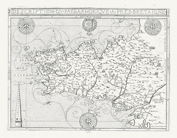 Bretagne: Michel de La Rochemaille et Le Clerc, Description du Pays Armorique a Pres Bretaigne, 1632,toile de coton épaisse, environ 56x70cm