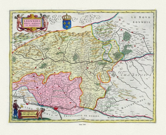 Lyonnais: Lionnois, Forest, Beaviolois Et Masconnois, 1665 , une carte sur toile de coton épaisse, environ 56x70cm