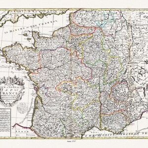 Willdey,  A new and exact map of France, 1717 , carte sur toile de coton épaisse, environ 56x70cm