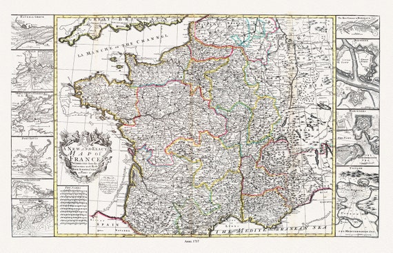 Willdey,  A new and exact map of France, 1717 , carte sur toile de coton épaisse, environ 56x70cm