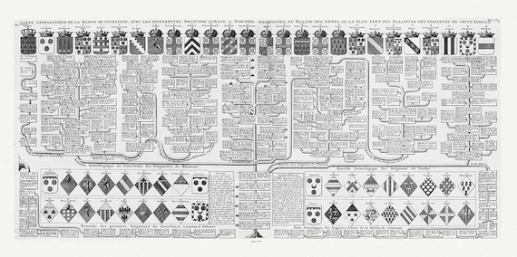 Henri Chatelain, Tome VII. No. 19a-19b. Carte genealogique de la Maison de Courtenay, 1718, sur toile de coton épaisse, environ 56x70cm