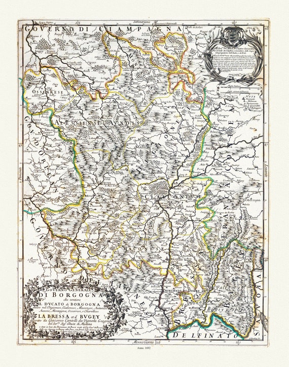 Burgundy: Rossi, Governo Generale di Borgogna, 1692 , carte sur toile de coton épaisse, environ 56x70cm