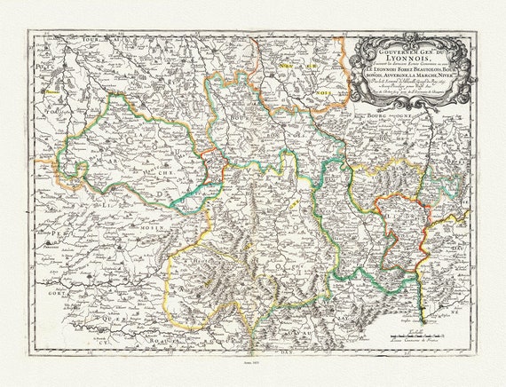 Lyonnais: Sanson, Lyonnois, France, 1651 , carte sur toile de coton épaisse, environ 56x70cm