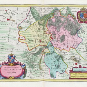 Donchery, Les Sovverainetez De Sedan Et De Ravcourt, 1665, Bleaue auth. , une carte sur toile de coton épaisse, environ 56x70cm