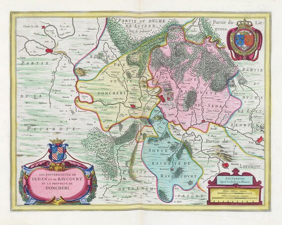 Donchery, Les Sovverainetez De Sedan Et De Ravcourt, 1665, Bleaue auth. , une carte sur toile de coton épaisse, environ 56x70cm