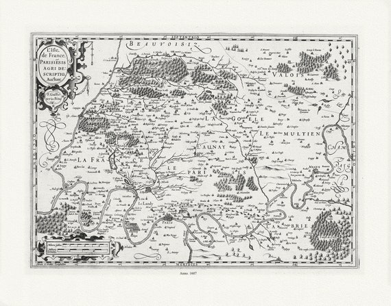 L'isle de France: Mercator et Hondius, L'Isle de France. Parisiesis Agri Descriptio., 1607 , sur toile de coton épaisse, environ 56x70cm