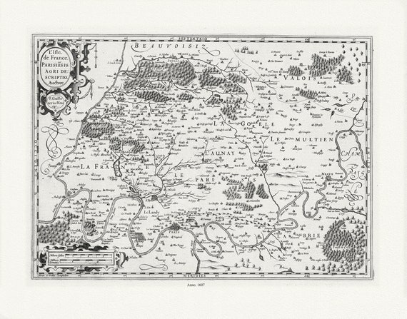 L'isle de France: Mercator et Hondius, L'Isle de France. Parisiesis Agri Descriptio., 1607 , sur toile de coton épaisse, environ 56x70cm