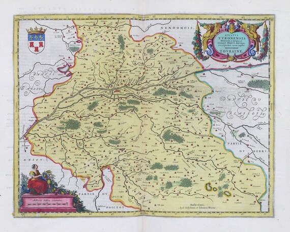 Touraine, Dvcatus Tvronensis, 1665, Blaeu auth. , une carte sur toile de coton épaisse, environ 56x70cm