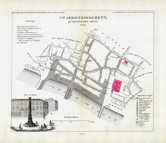 Perrot, Paris 7 Me. Arrondissement  Quartier des Arcis. No. 28, 1834, une carte sur toile de coton épaisse, environ 56x70cm