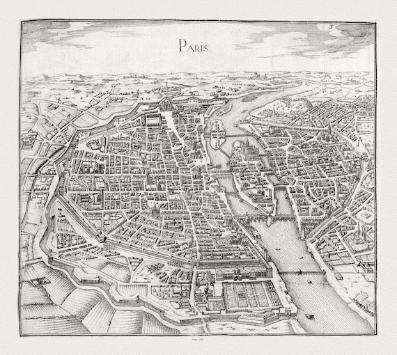 Tassin, Ville de Paris, 1636, carte sur toile de coton épaisse, environ 56x70cm
