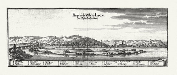 Lyonnais: Merian et Zeiler, V. 3. Prosp. de la ville de Lyon I, 1662, carte sur toile de coton épaisse, environ 56x70cm