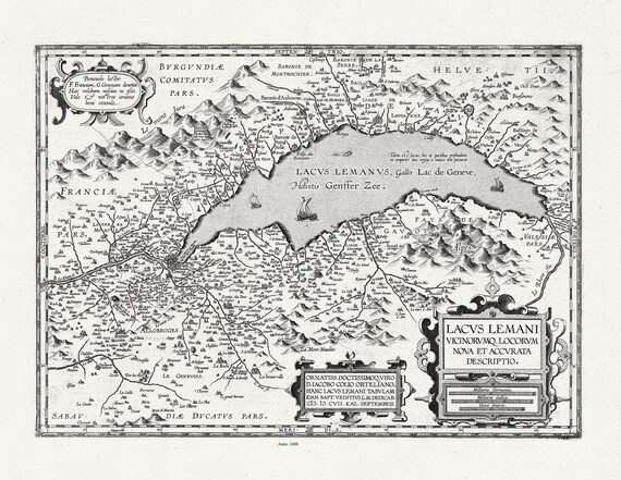 E France, Lac Leman, Lacus Lemani. Ortelius et Vrients, 1608, une carte sur toile de coton épaisse, environ 56x70cm