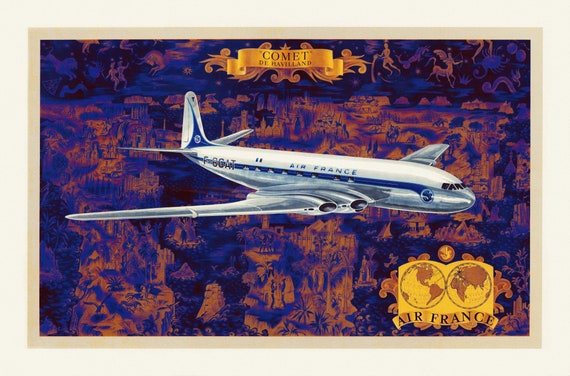 Boucher, Comet de Havilland, Air France, 1953 Ver. II,  , une carte sur toile de coton épaisse, environ 56x70cm