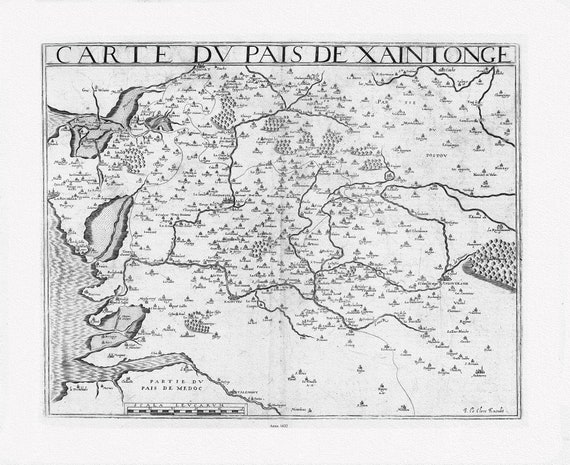 Poictou: Rochemaillet (Michel de la, 1561-1642), Carte du Pais de Xaintonge, Saintonge, 1632 , sur toile de coton épaisse, environ 56x70cm