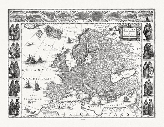 Blaeu, ( Willem Janszoon, 1571-1638) Europa recens descripta,1630 ,une carte sur toile de coton épais, 56x70cm environ