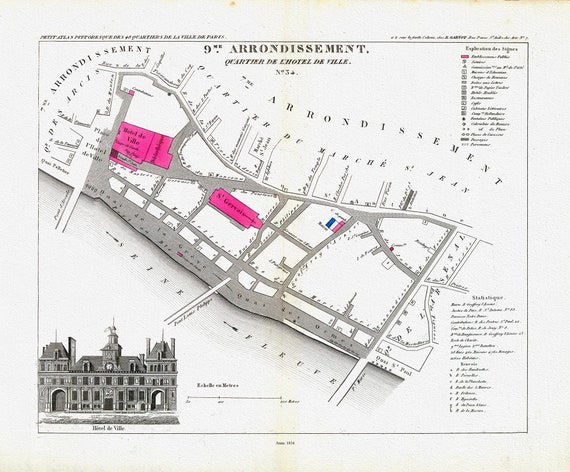 Perrot, Paris 9 Me. Arrondissement  Quartier de l'Hotel de Ville. No. 34, 1834, une carte sur toile de coton épaisse, environ 56x70cm