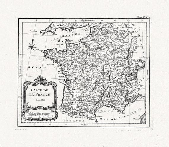 Bellin, Carte de la France, 1764 ,une carte sur toile de coton épais, 56x70cm environ