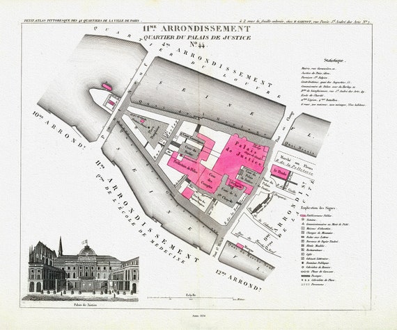 Perrot, Paris 11 Me. Arrondissement  Quartier du Palais de Justice. No. 44, 1834, une carte sur toile de coton épaisse, environ 56x70cm