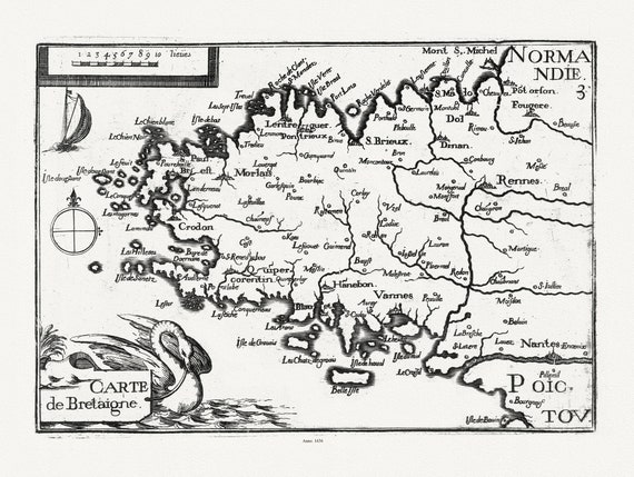 Bretagne, Tassin, 1636 , une carte sur toile de coton épaisse, environ 56x70cm