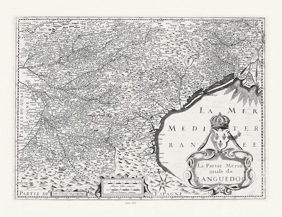 Languedoc Sud: Michel de La Rochemaille et Le Clerc, Le Partie Meridionale du Languedoc, 1632, sur toile de coton épaisse, environ 56x70cm