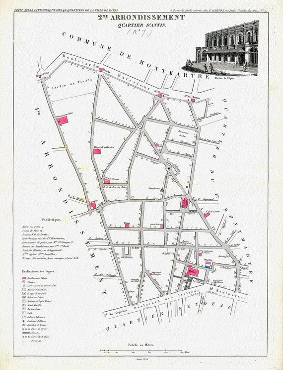 Perrot, Paris 2 Me. Arrondissement  Quartier d' Antin. (No. 7), 1834 , une carte sur toile de coton épaisse, environ 56x70cm