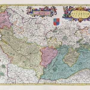 Picardie, Nova Picardiae Tabula, 1665, Bleau auth.  , une carte sur toile de coton épaisse, environ 56x70cm